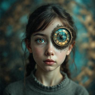 The primary subject of the image is a young girl with a clock for a head. She is wearing a grey shirt and has a ponytail. The setting is a dark room with a blue background. The visual style is a close-up of the girl's face, and the colors are predominantly dark, with the blue background providing a contrasting element. The overall atmosphere is mysterious and intriguing.